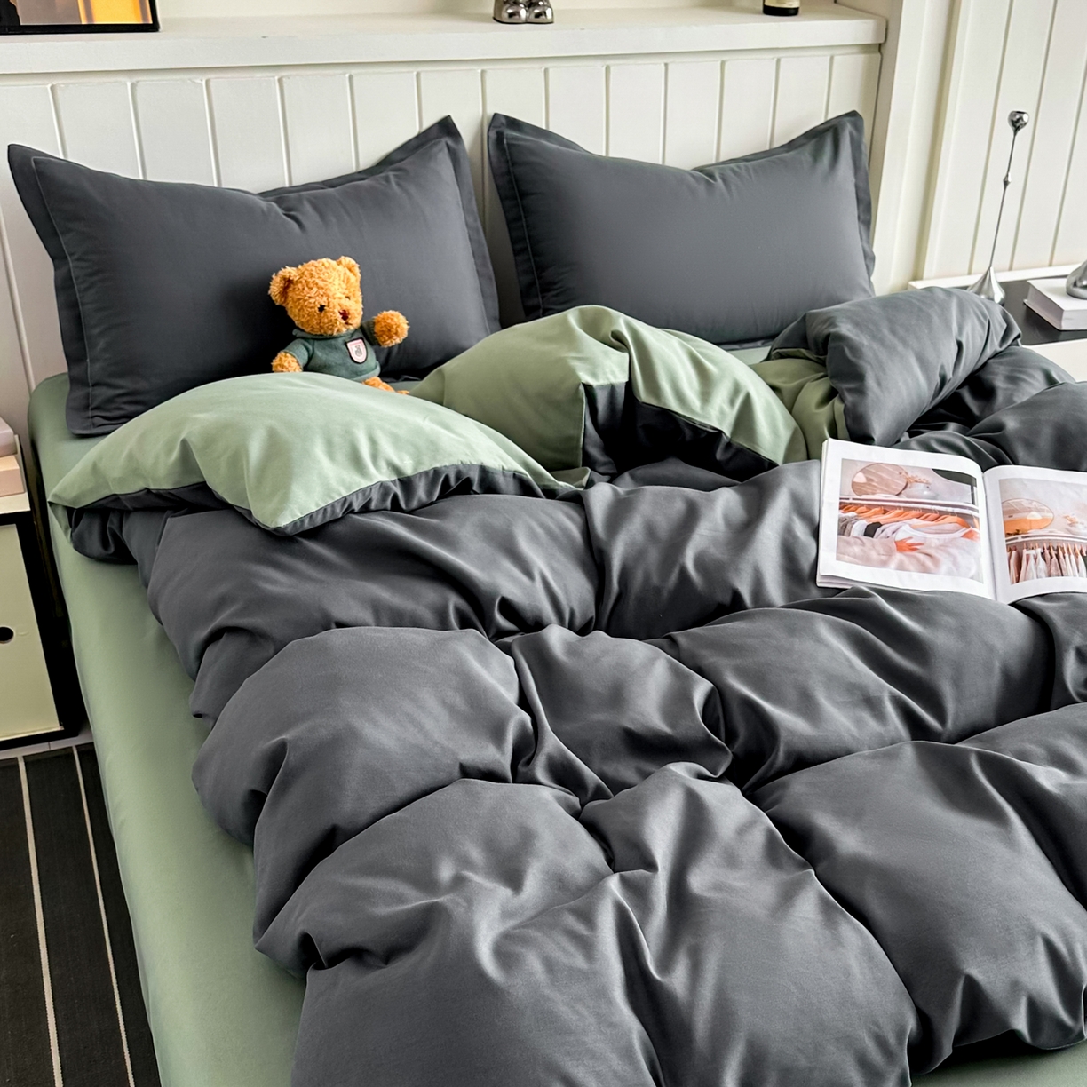 91家纺网 家纺一手货源 找家纺 佑泽家纺 2026新款亲肤水洗棉四件套 深灰抹茶