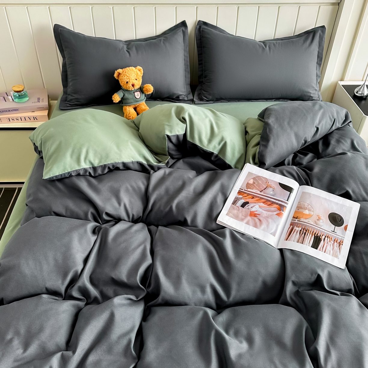 91家纺网 家纺一手货源 找家纺 佑泽家纺 2026新款亲肤水洗棉四件套 深灰抹茶