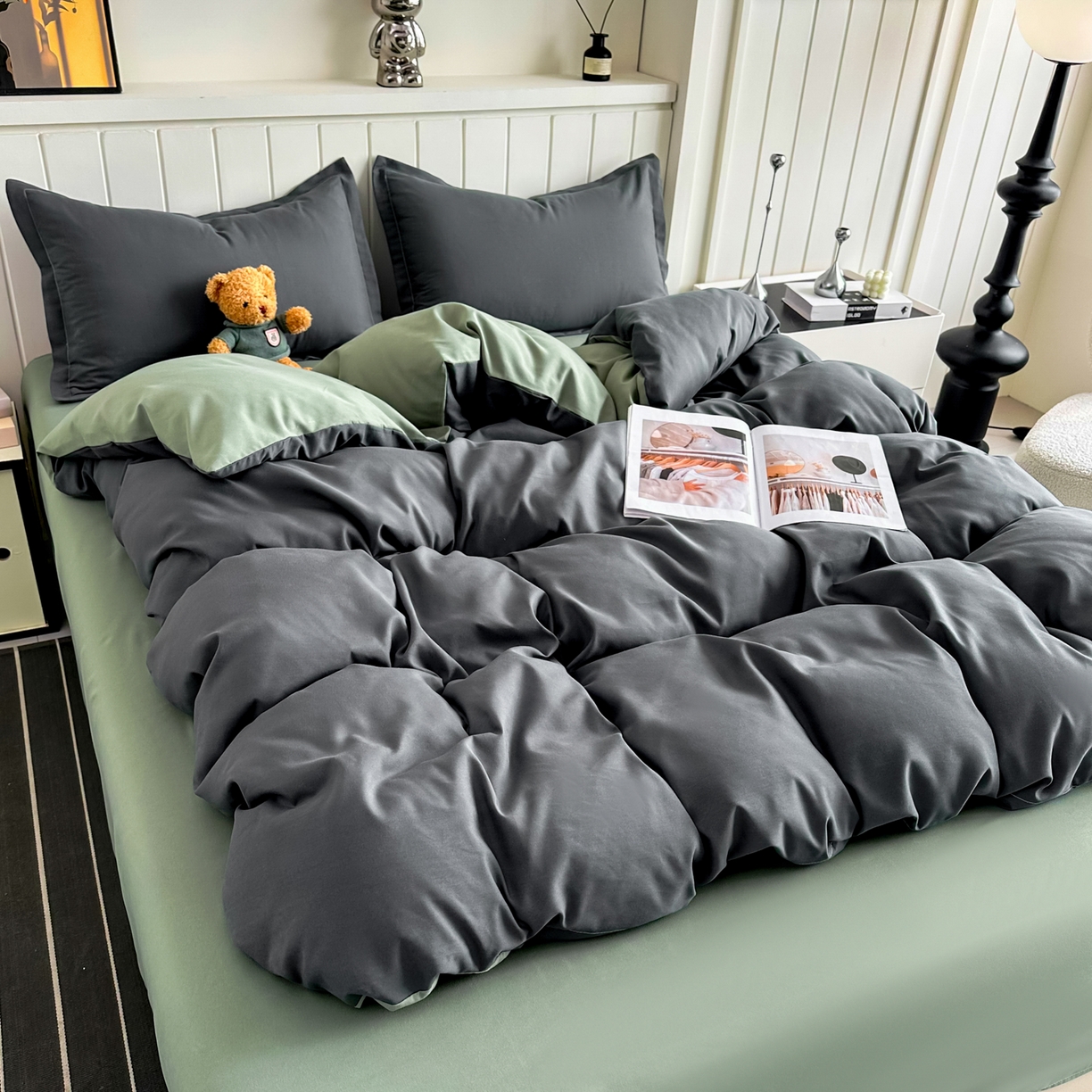 91家纺网 家纺一手货源 找家纺 佑泽家纺 2026新款亲肤水洗棉四件套 深灰抹茶