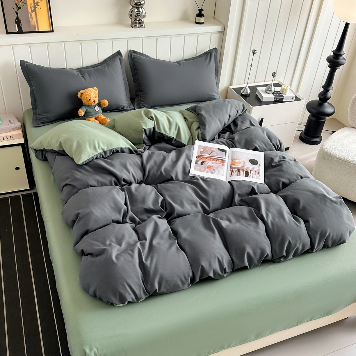 91家纺网 家纺一手货源 找家纺 佑泽家纺 2026新款亲肤水洗棉四件套 深灰抹茶