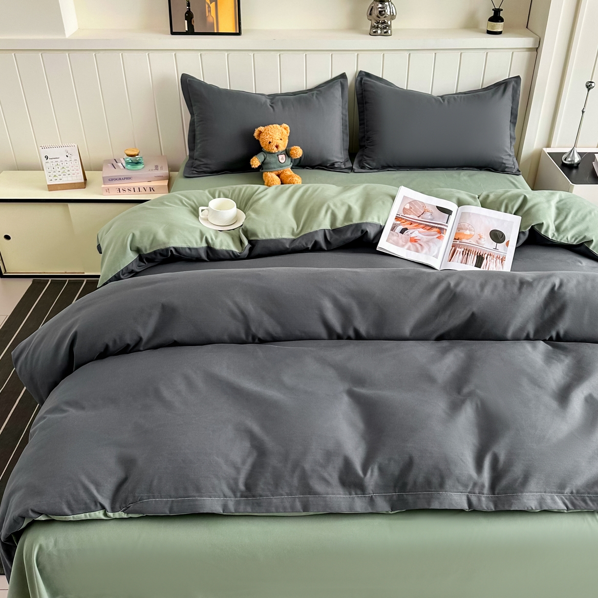 91家纺网 家纺一手货源 找家纺 佑泽家纺 2026新款亲肤水洗棉四件套 深灰抹茶