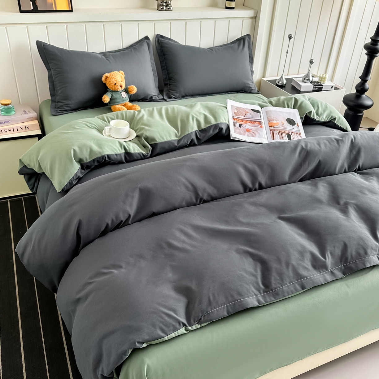 91家纺网 家纺一手货源 找家纺 佑泽家纺 2026新款亲肤水洗棉四件套 深灰抹茶