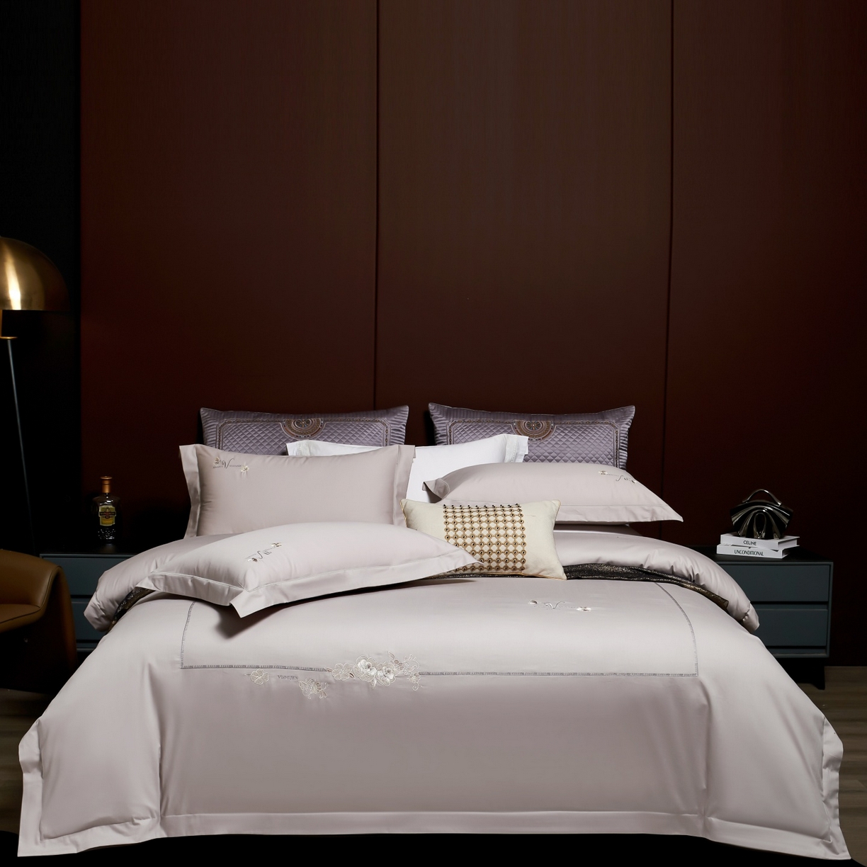 U品汇 2026全棉纯棉刺绣花四件套40支长绒棉100%棉礼盒包装 华庭韵-灰