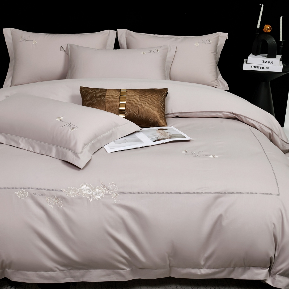 91家纺网 家纺一手货源 找家纺 U品汇 2026全棉纯棉刺绣花四件套40支长绒棉100%棉礼盒包装 华庭韵-灰