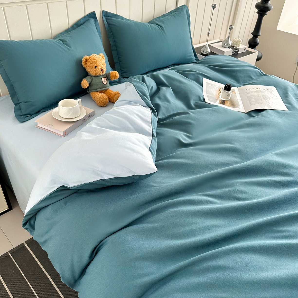 91家纺网 家纺一手货源 找家纺 佑泽家纺 2026新款亲肤水洗棉四件套 松石绿+天空蓝