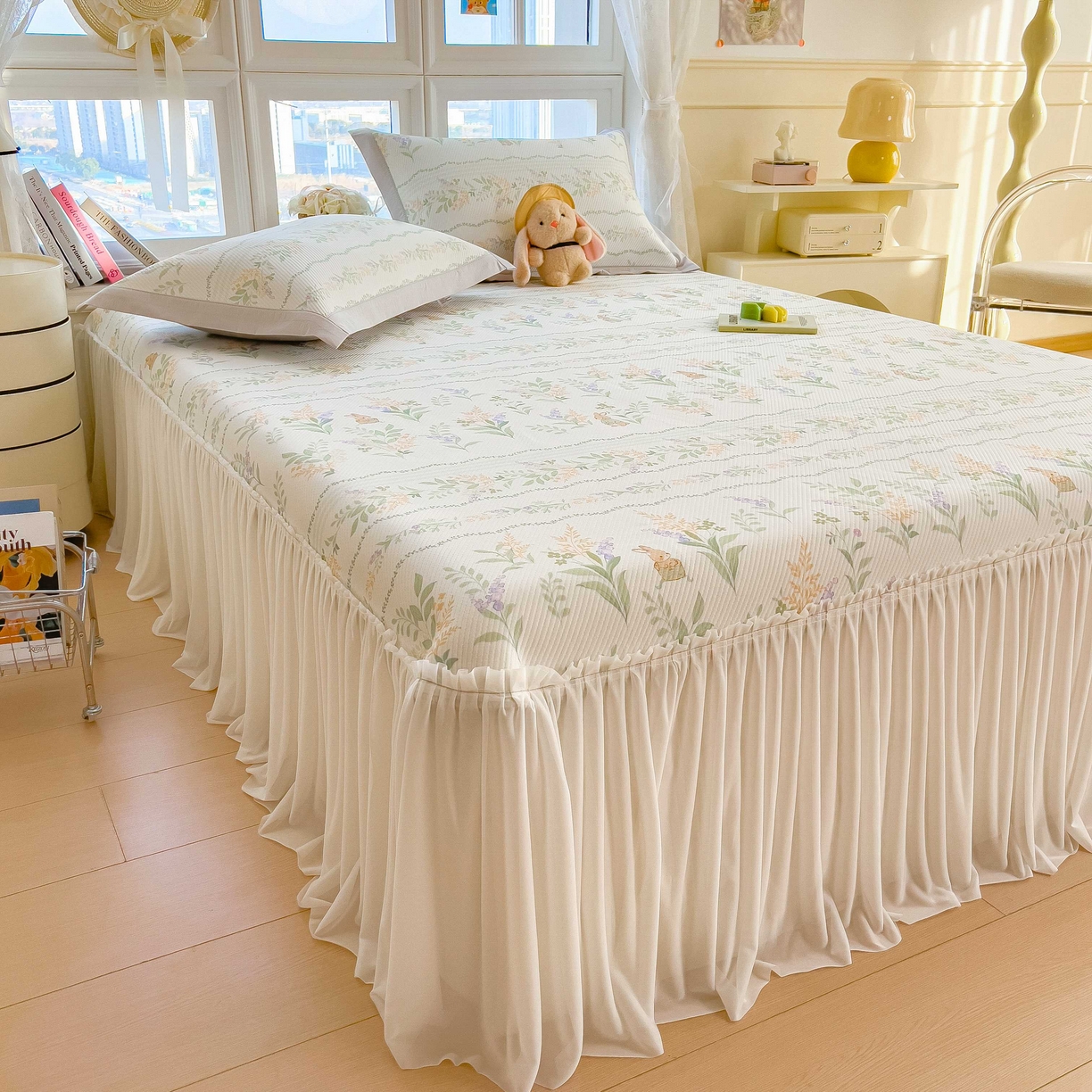 91家纺网 家纺一手货源 找家纺 孩子王家纺 2026春夏新款夏季花卉冰丝凉席凉感值过0.21冰豆豆A类可机洗学生宿舍空调软席 洛克庄园 床裙款