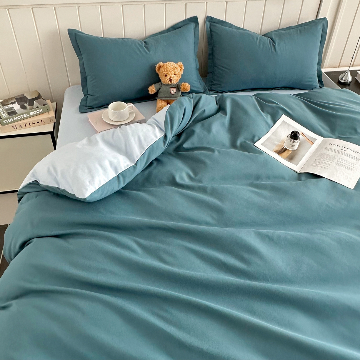 91家纺网 家纺一手货源 找家纺 佑泽家纺 2026新款亲肤水洗棉四件套 松石绿+天空蓝