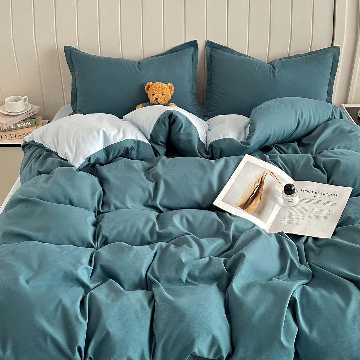 91家纺网 家纺一手货源 找家纺 佑泽家纺 2026新款亲肤水洗棉四件套 松石绿+天空蓝