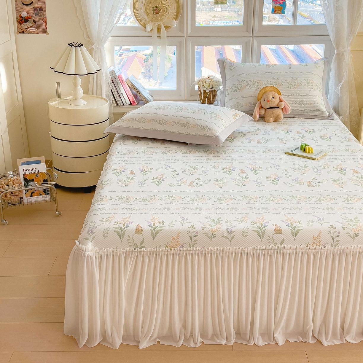 91家纺网 家纺一手货源 找家纺 孩子王家纺 2026春夏新款夏季花卉冰丝凉席凉感值过0.21冰豆豆A类可机洗学生宿舍空调软席 洛克庄园 床裙款