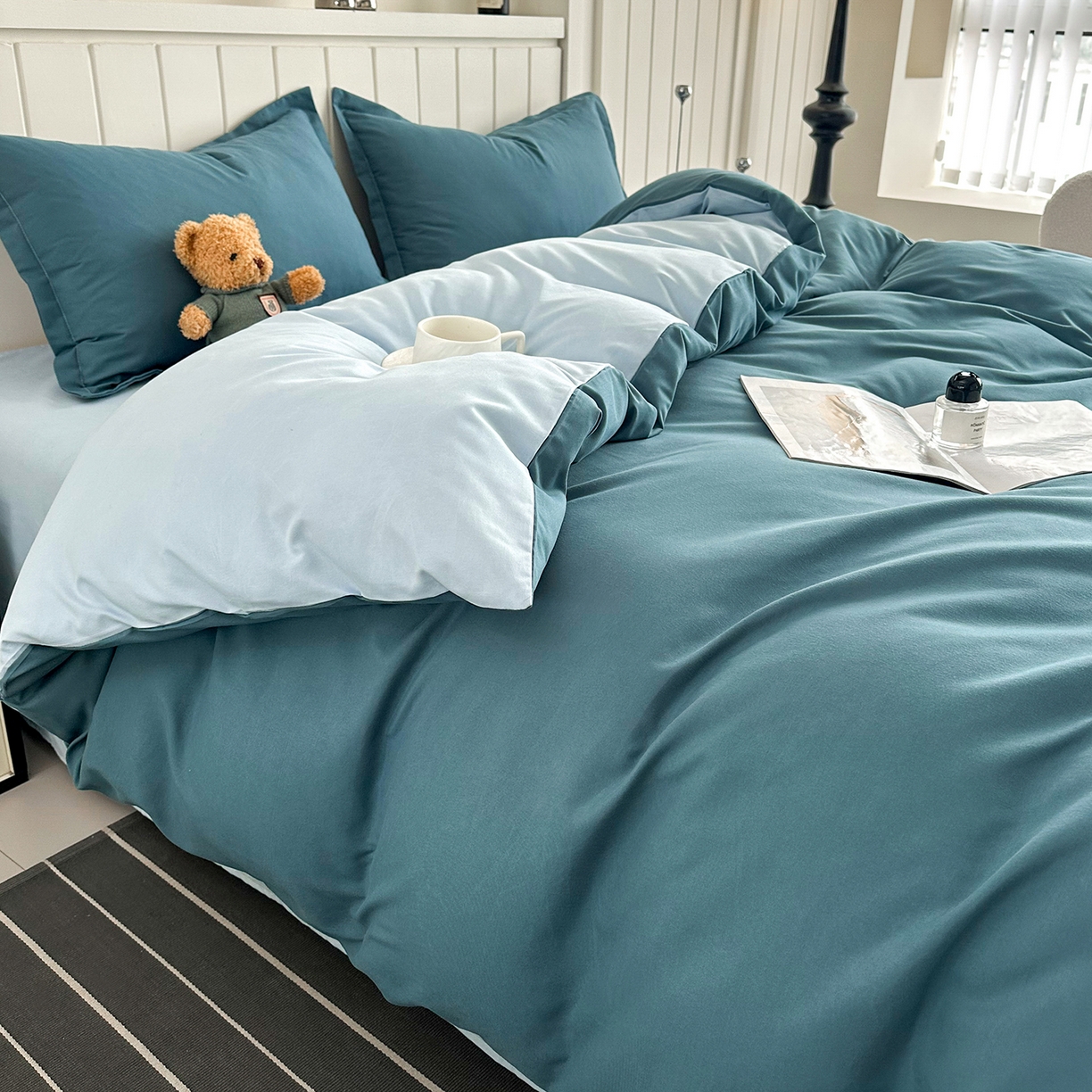 91家纺网 家纺一手货源 找家纺 佑泽家纺 2026新款亲肤水洗棉四件套 松石绿+天空蓝