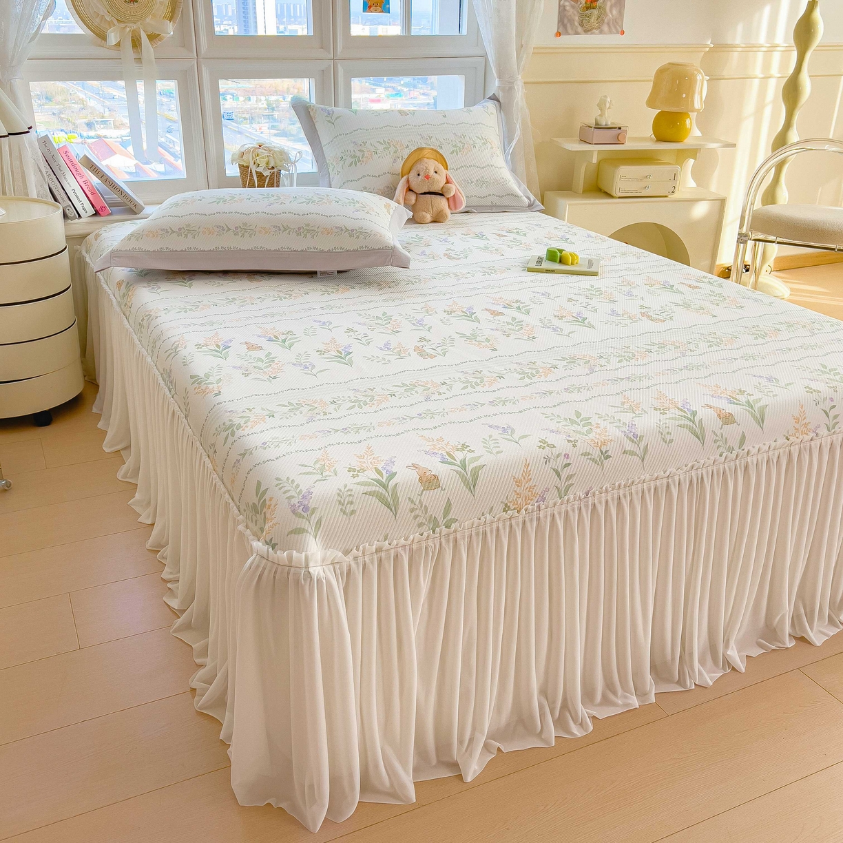 91家纺网 家纺一手货源 找家纺 孩子王家纺 2026春夏新款夏季花卉冰丝凉席凉感值过0.21冰豆豆A类可机洗学生宿舍空调软席 洛克庄园 床裙款