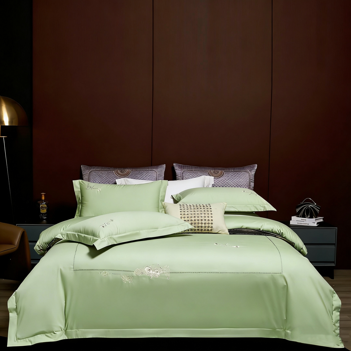 U品汇 2026全棉纯棉刺绣花四件套40支长绒棉100%棉礼盒包装 华庭韵-昧青