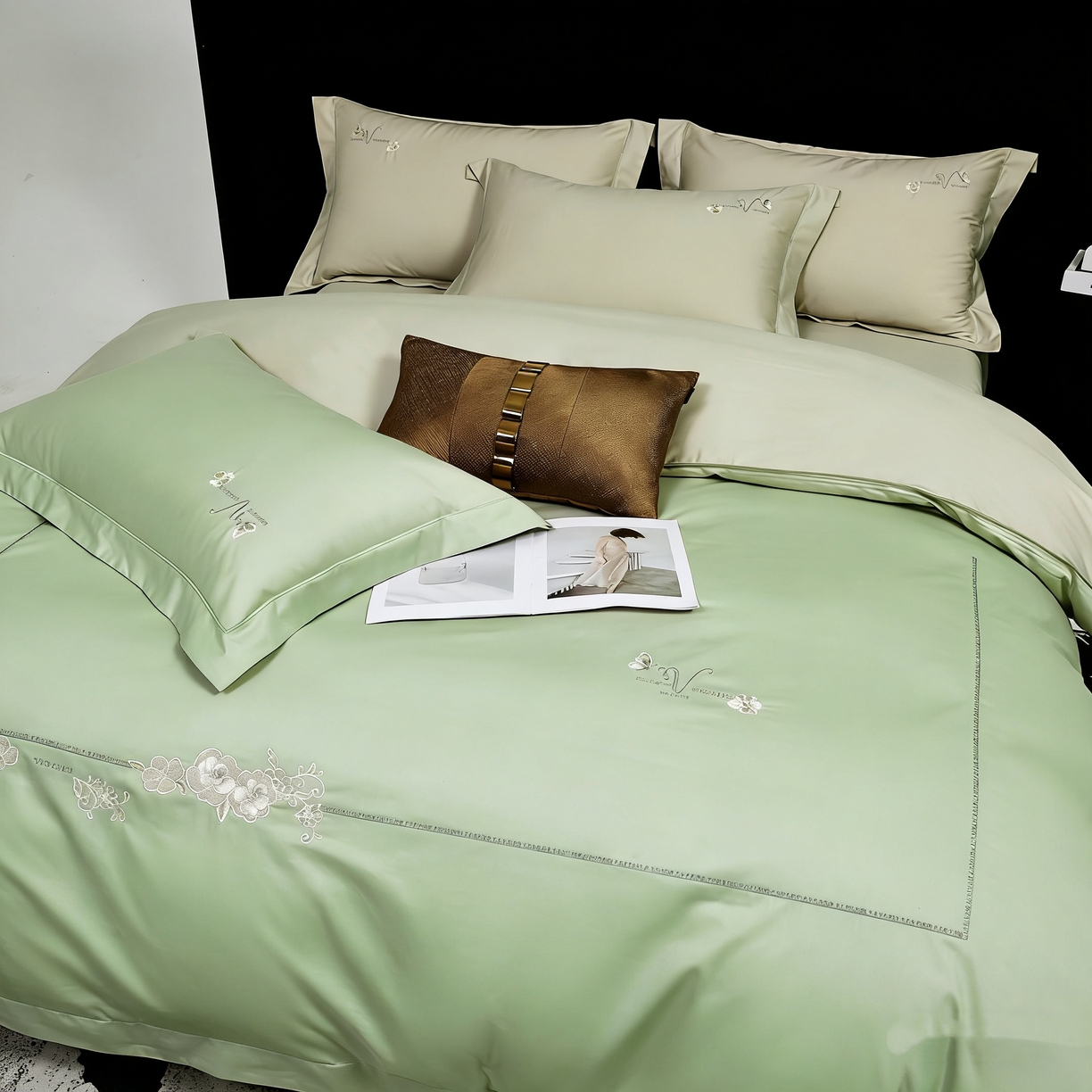 91家纺网 家纺一手货源 找家纺 U品汇 2026全棉纯棉刺绣花四件套40支长绒棉100%棉礼盒包装 华庭韵-昧青