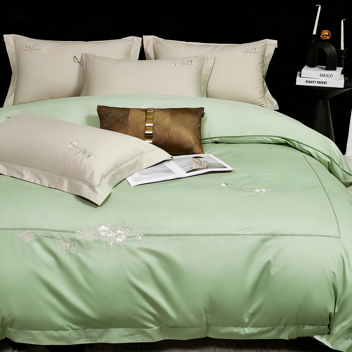 91家纺网 家纺一手货源 找家纺 U品汇 2026全棉纯棉刺绣花四件套40支长绒棉100%棉礼盒包装 华庭韵-昧青