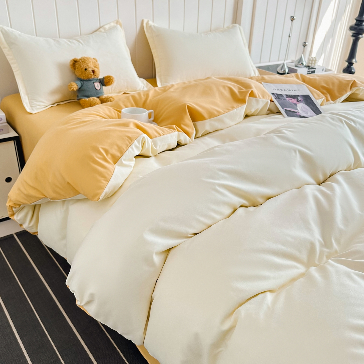 91家纺网 家纺一手货源 找家纺 佑泽家纺 2026新款亲肤水洗棉四件套 炭烤起司