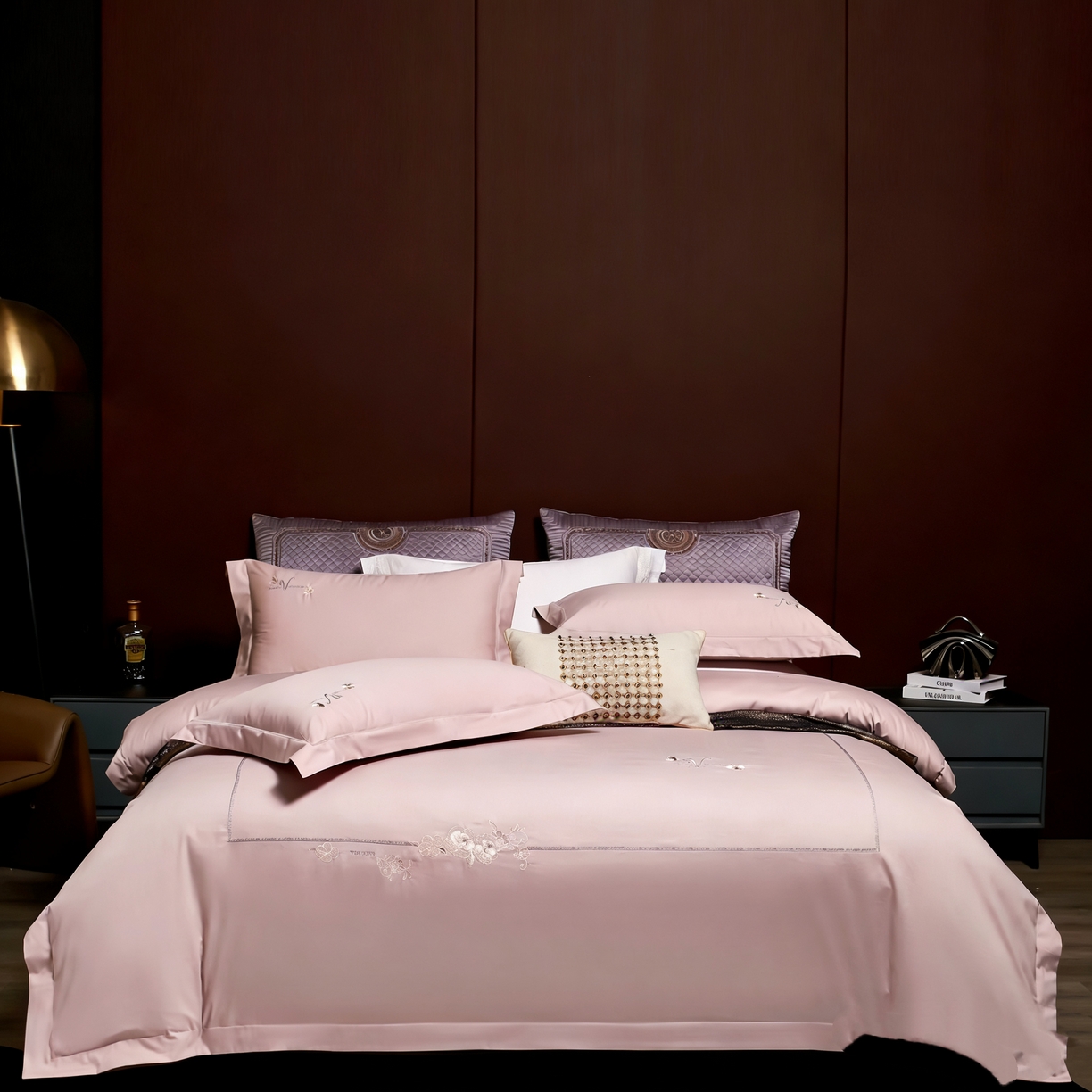 U品汇 2026全棉纯棉刺绣花四件套40支长绒棉100%棉礼盒包装 华庭韵-藕粉玉