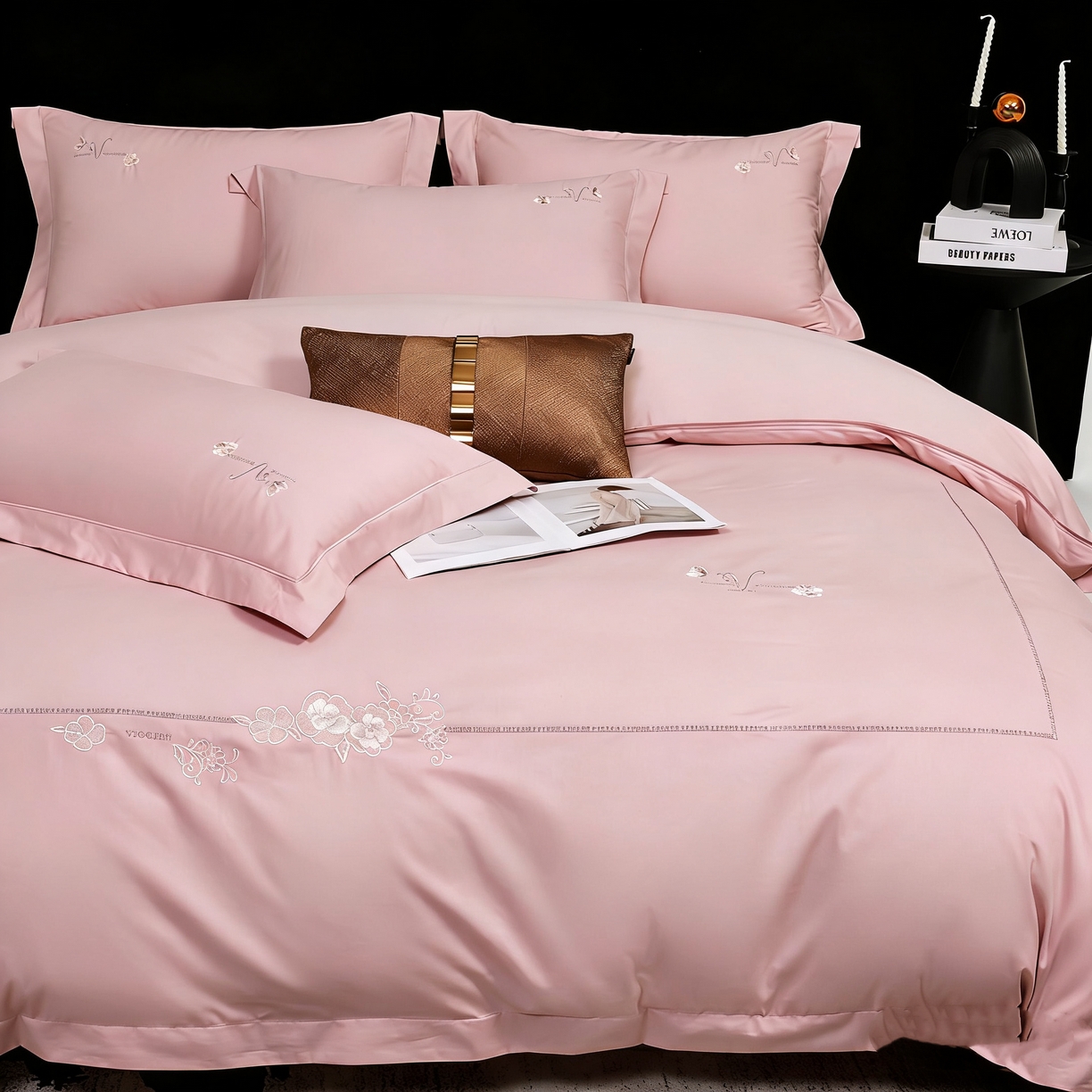 91家纺网 家纺一手货源 找家纺 U品汇 2026全棉纯棉刺绣花四件套40支长绒棉100%棉礼盒包装 华庭韵-藕粉玉