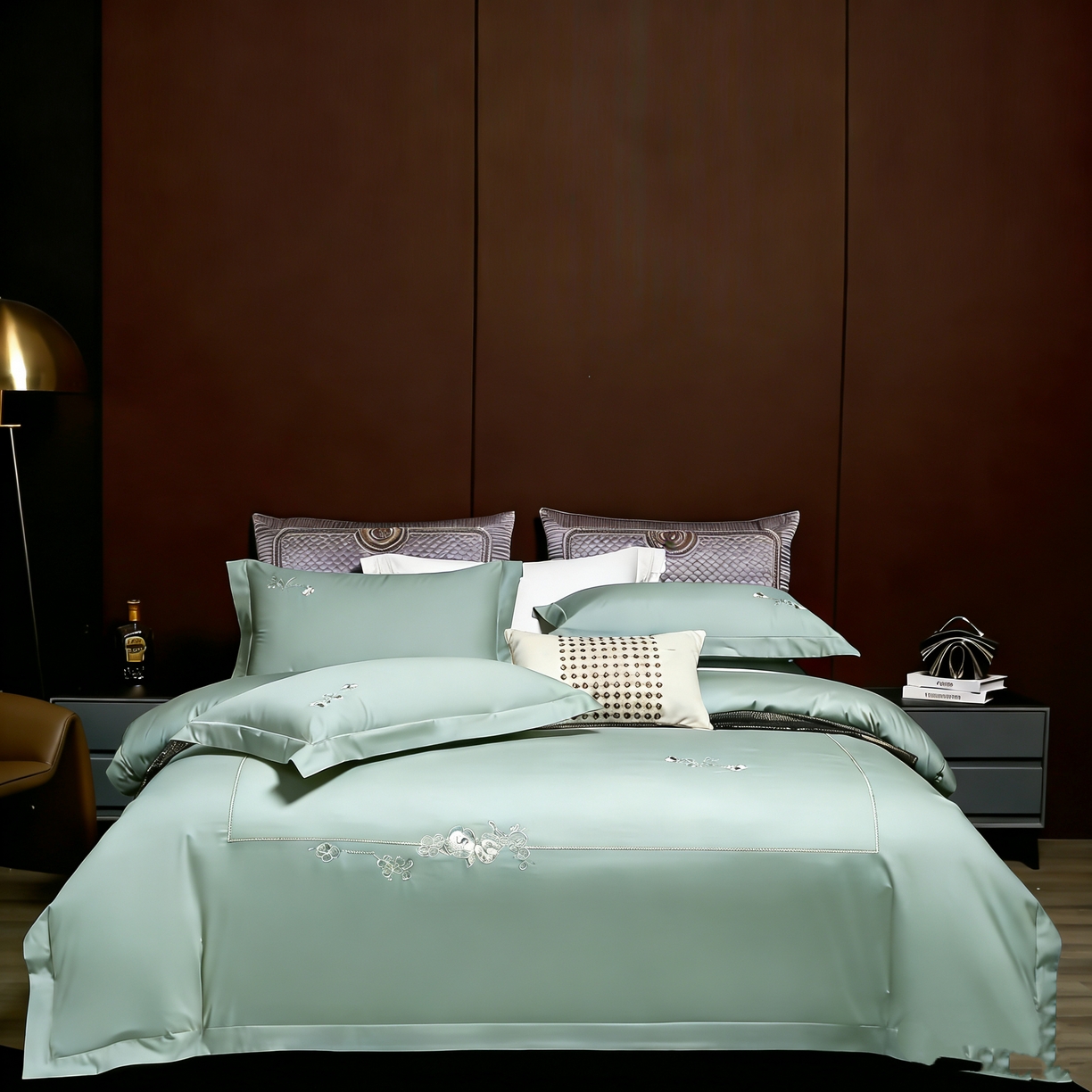 U品汇 2026全棉纯棉刺绣花四件套40支长绒棉100%棉礼盒包装 华庭韵-青石蓝