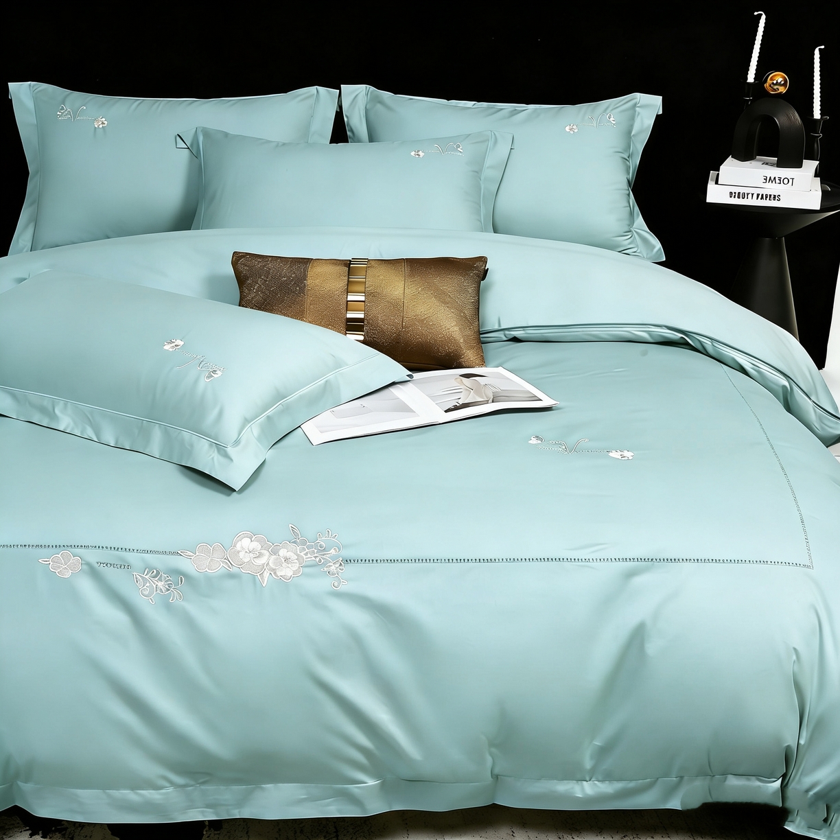 91家纺网 家纺一手货源 找家纺 U品汇 2026全棉纯棉刺绣花四件套40支长绒棉100%棉礼盒包装 华庭韵-青石蓝