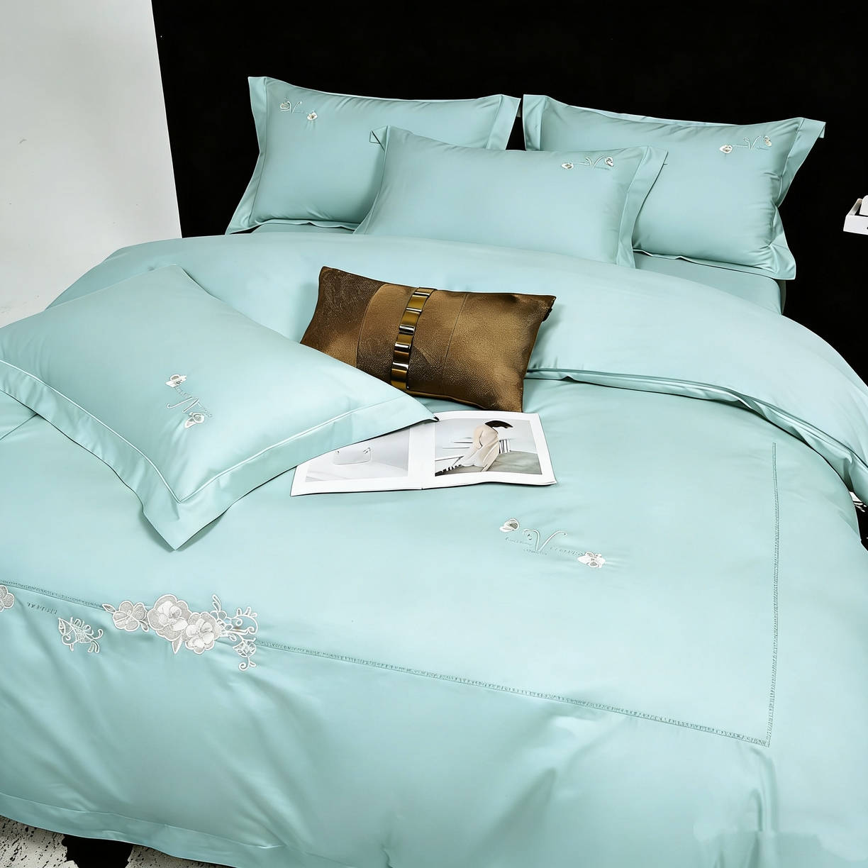 91家纺网 家纺一手货源 找家纺 U品汇 2026全棉纯棉刺绣花四件套40支长绒棉100%棉礼盒包装 华庭韵-青石蓝