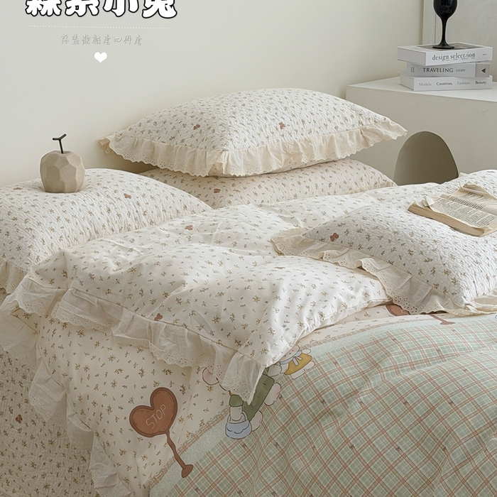 91家纺网 家纺一手货源 找家纺 佰织鑫家居 2026新款全棉法式砂洗棉花床盖款被套四件套 森系小兔