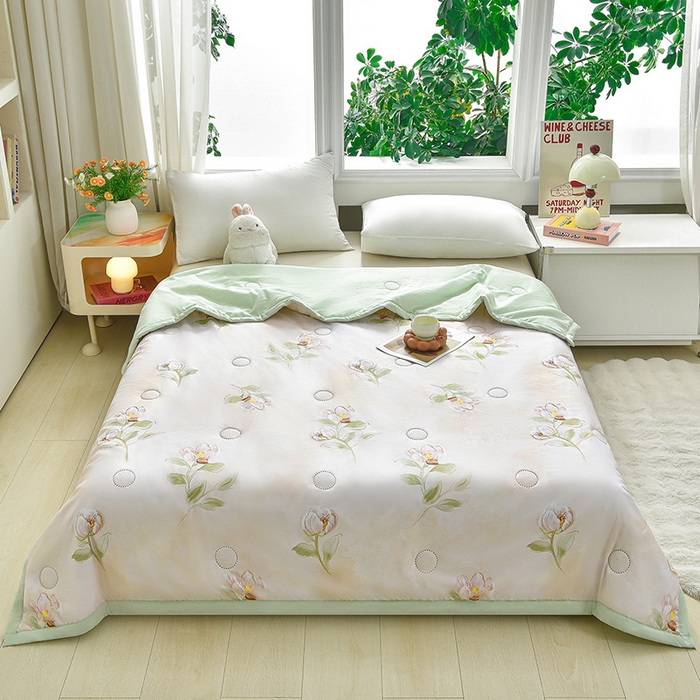 91家纺网 家纺一手货源 找家纺 念家居 2026新款水洗棉夏被夏凉被空调被直播爆款 浅绿百合