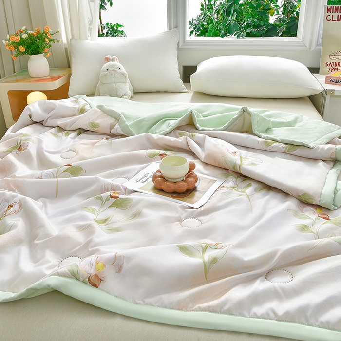 91家纺网 家纺一手货源 找家纺 念家居 2026新款水洗棉夏被夏凉被空调被直播爆款 浅绿百合