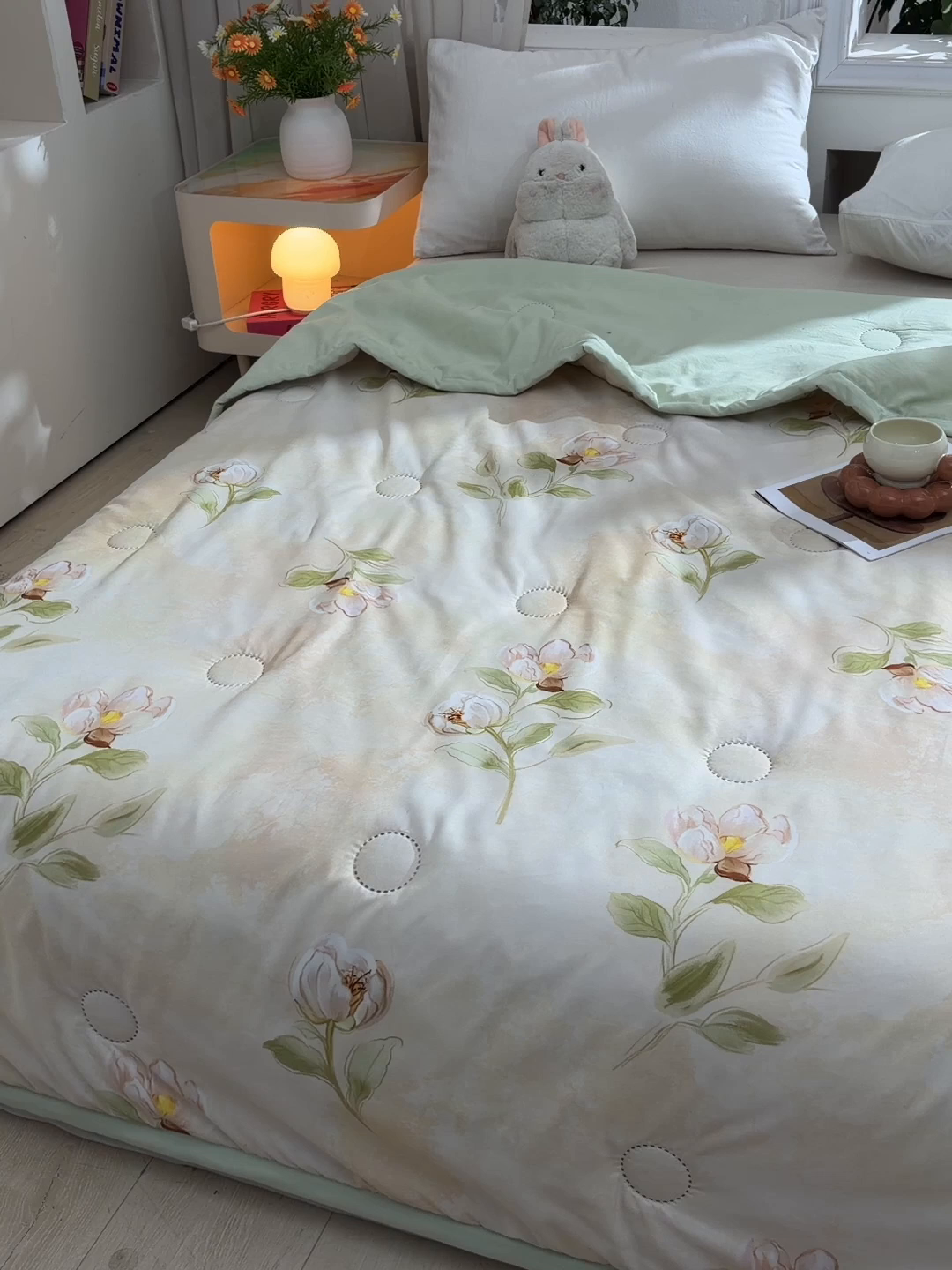 91家纺网 家纺一手货源 找家纺 念家居 2026新款水洗棉夏被夏凉被空调被直播爆款 浅绿百合