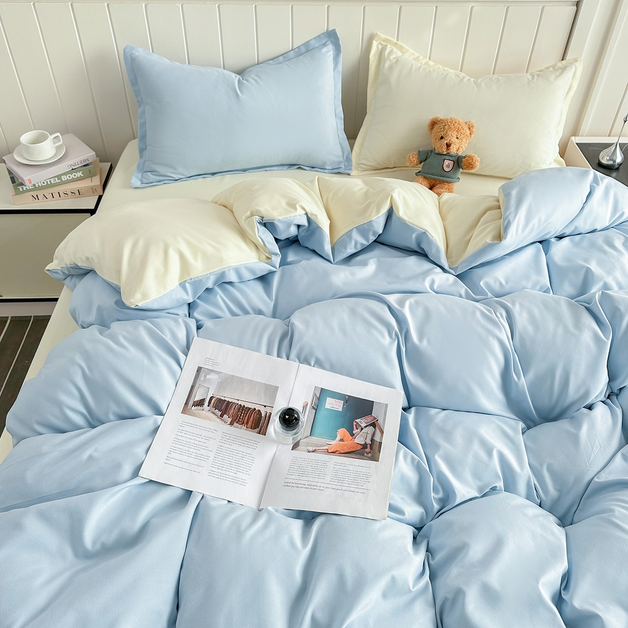 91家纺网 家纺一手货源 找家纺 佑泽家纺 2026新款亲肤水洗棉四件套 天空蓝+奶油黄