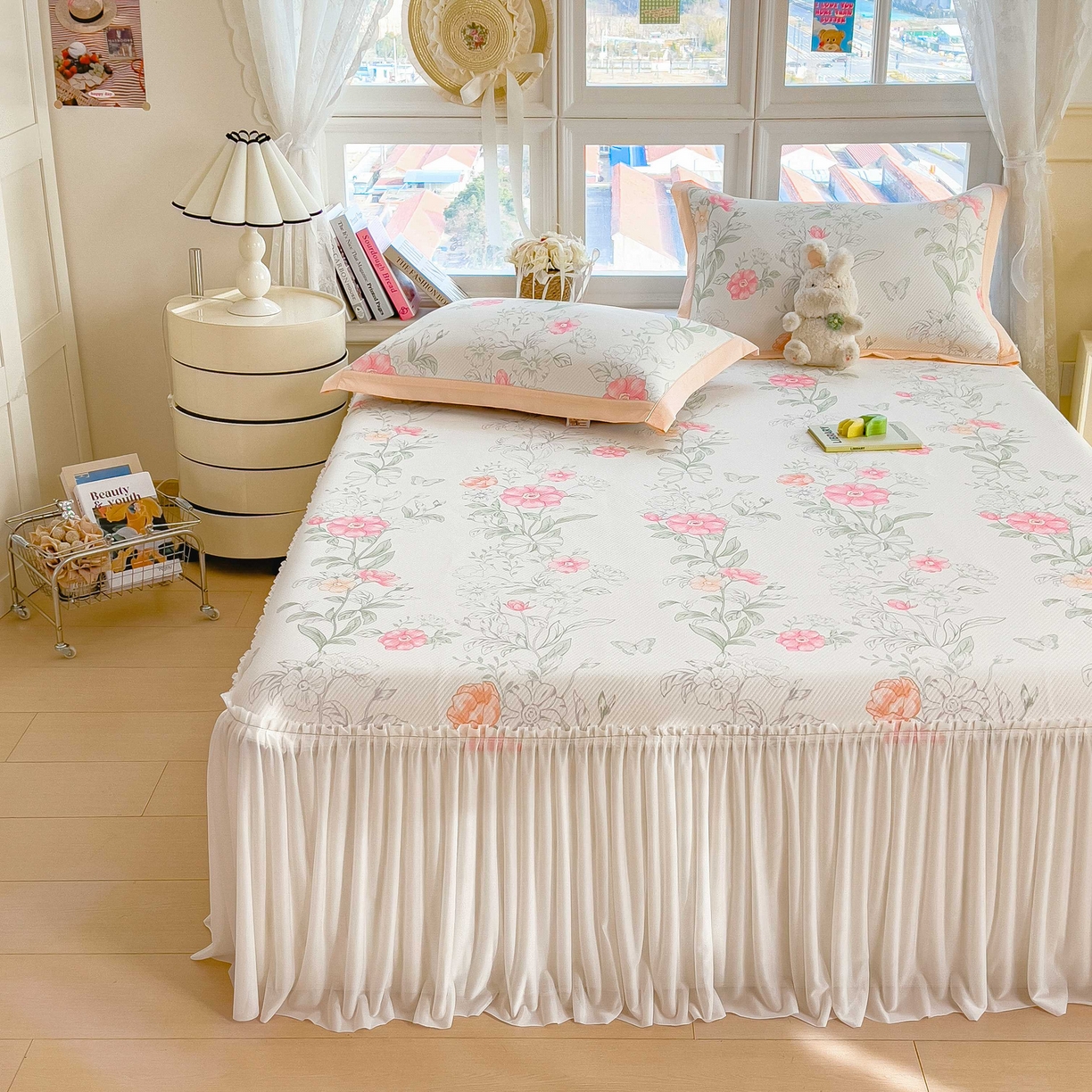 91家纺网 家纺一手货源 找家纺 孩子王家纺 2026春夏新款夏季花卉冰丝凉席凉感值过0.21冰豆豆A类可机洗学生宿舍空调软席 牡丹粉 床裙款