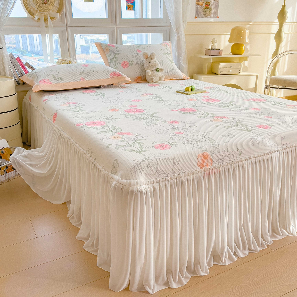 91家纺网 家纺一手货源 找家纺 孩子王家纺 2026春夏新款夏季花卉冰丝凉席凉感值过0.21冰豆豆A类可机洗学生宿舍空调软席 牡丹粉 床裙款