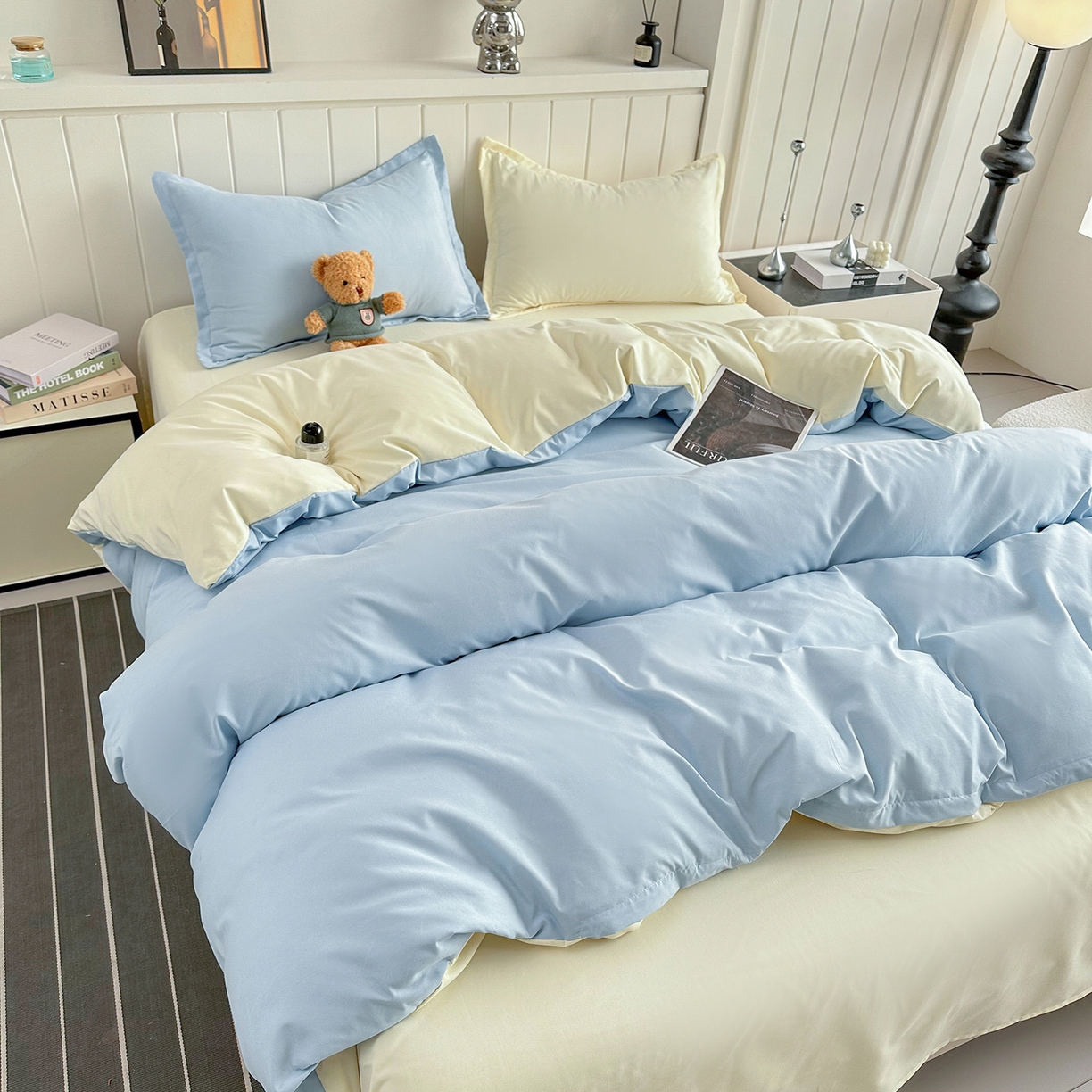 91家纺网 家纺一手货源 找家纺 佑泽家纺 2026新款亲肤水洗棉四件套 天空蓝+奶油黄