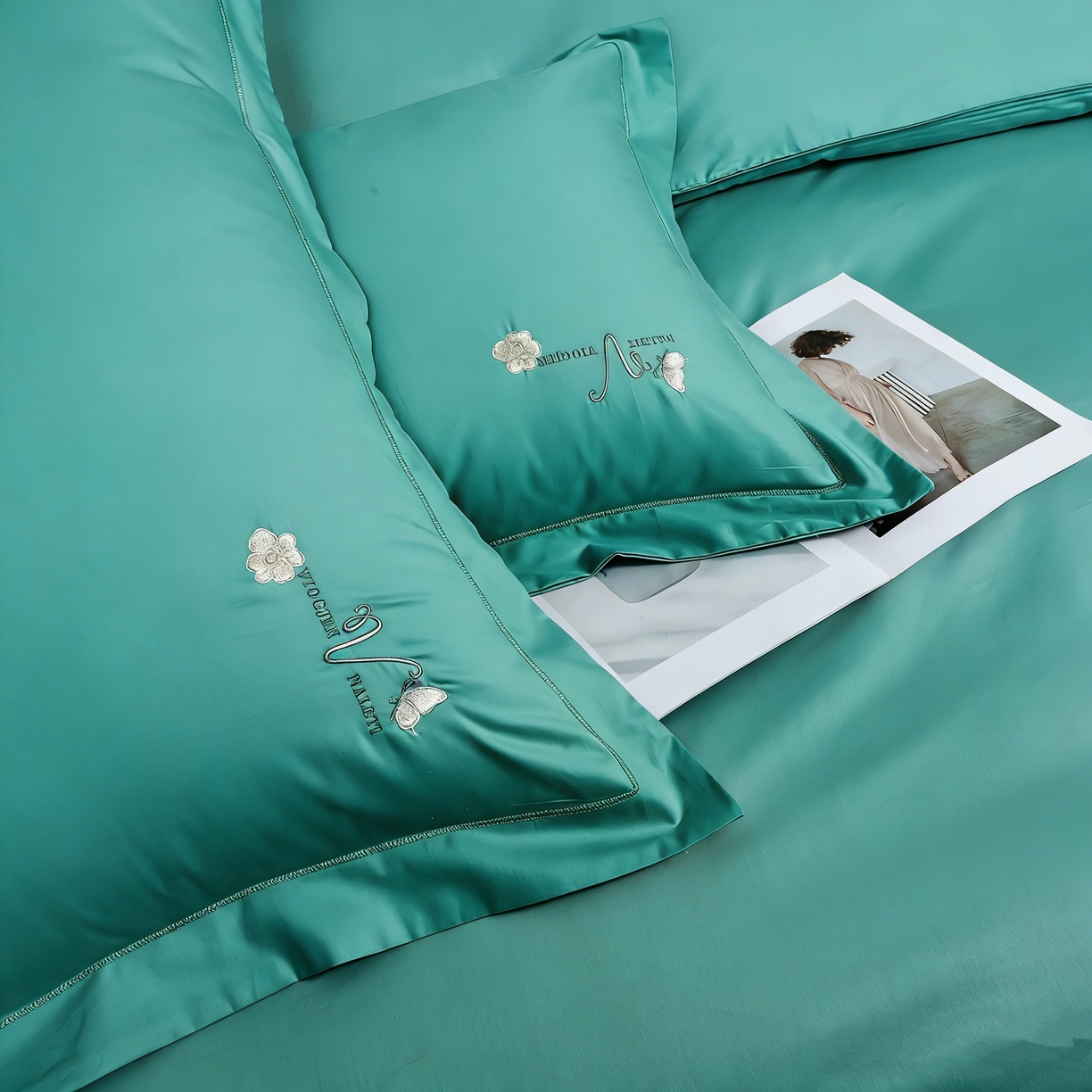 91家纺网 家纺一手货源 找家纺 U品汇 2026全棉纯棉刺绣花四件套40支长绒棉100%棉礼盒包装 华庭韵-松石绿