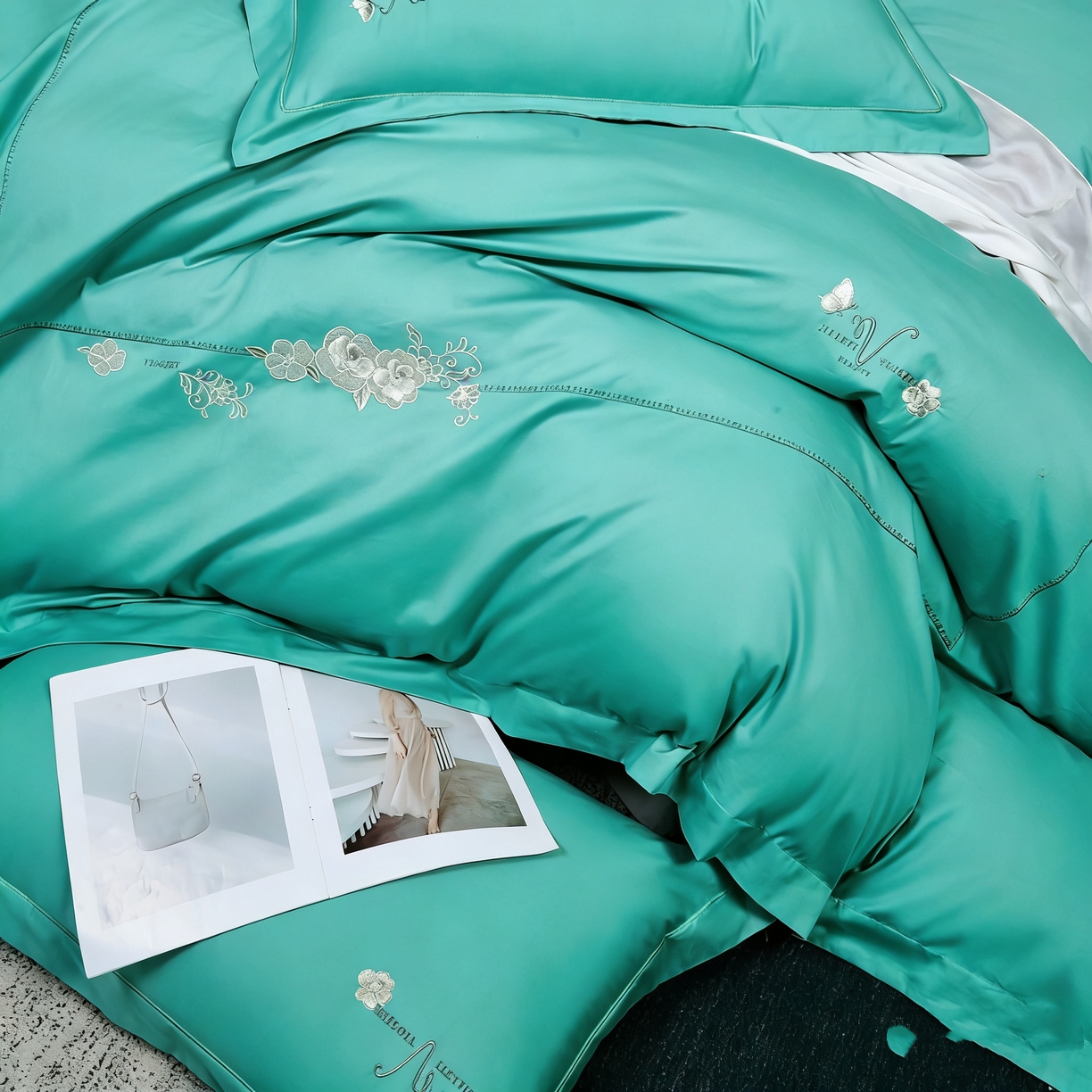 91家纺网 家纺一手货源 找家纺 U品汇 2026全棉纯棉刺绣花四件套40支长绒棉100%棉礼盒包装 华庭韵-松石绿