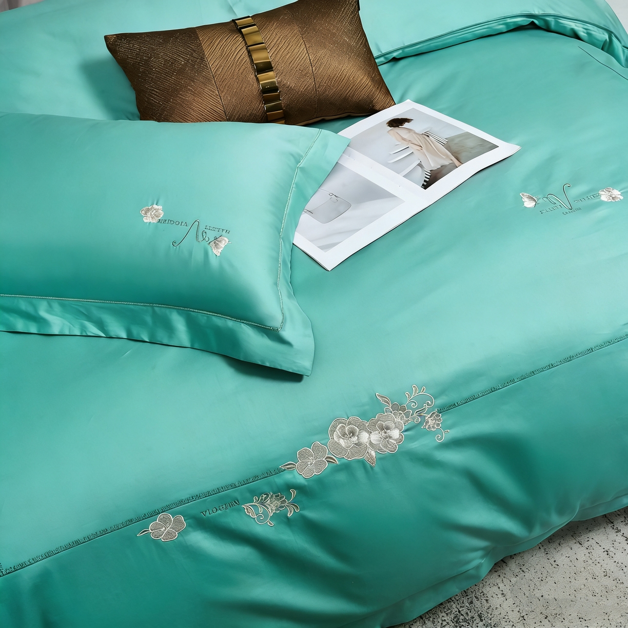 91家纺网 家纺一手货源 找家纺 U品汇 2026全棉纯棉刺绣花四件套40支长绒棉100%棉礼盒包装 华庭韵-松石绿