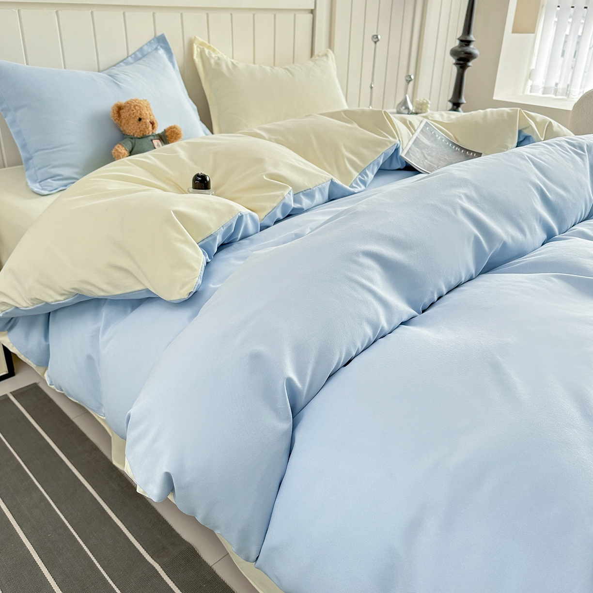 91家纺网 家纺一手货源 找家纺 佑泽家纺 2026新款亲肤水洗棉四件套 天空蓝+奶油黄