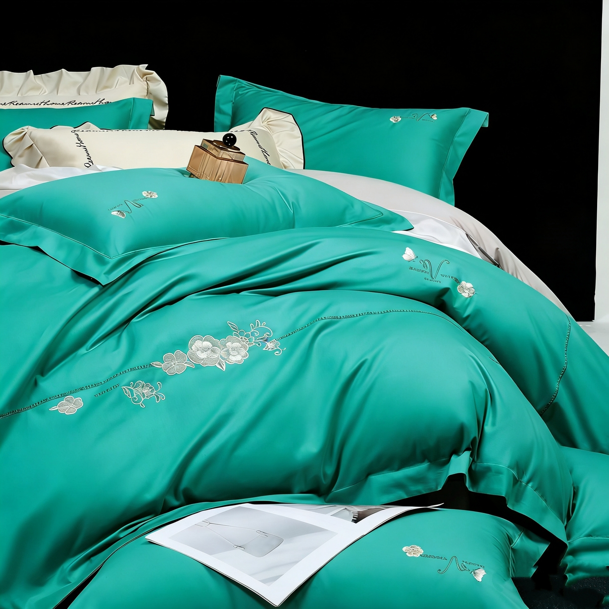 91家纺网 家纺一手货源 找家纺 U品汇 2026全棉纯棉刺绣花四件套40支长绒棉100%棉礼盒包装 华庭韵-松石绿