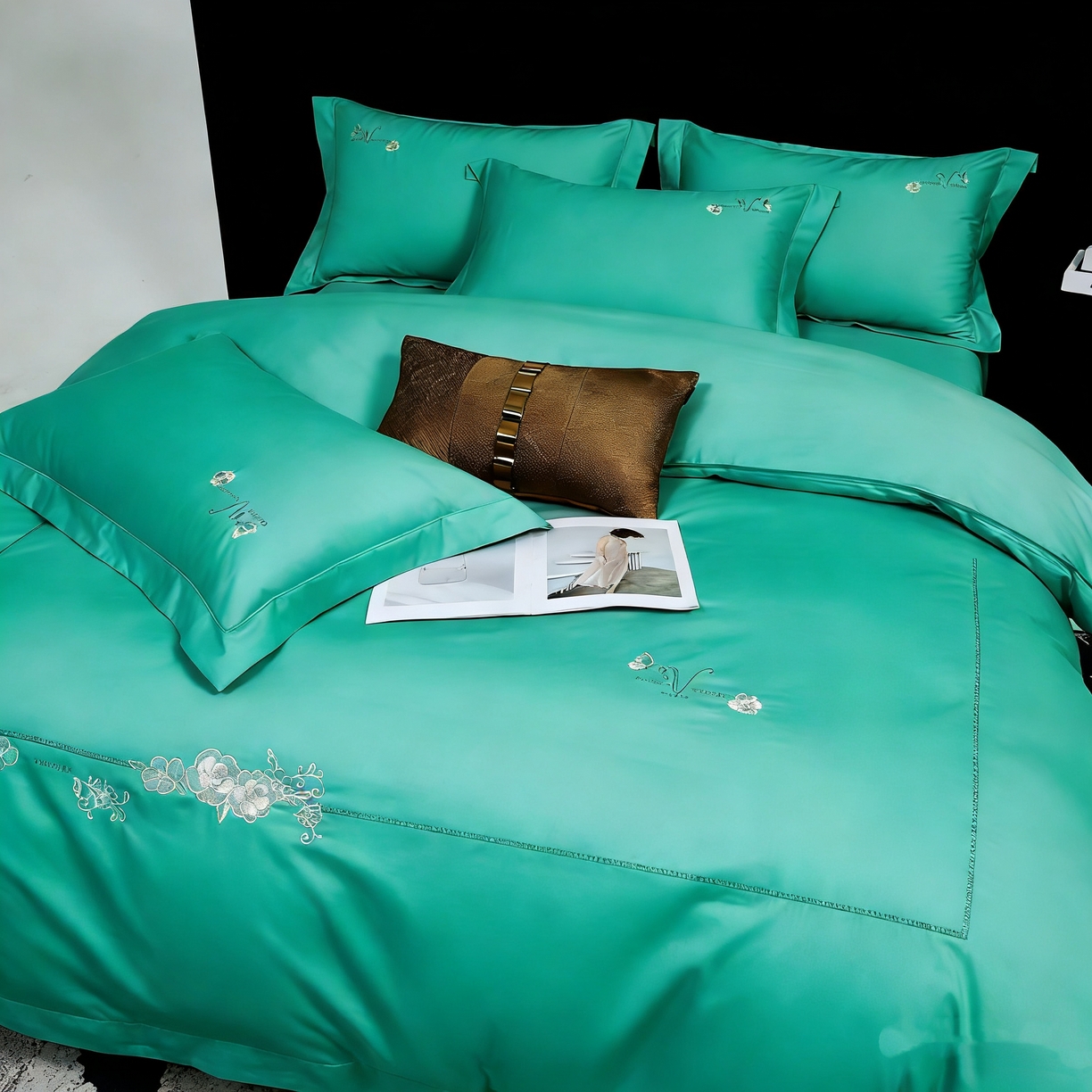 91家纺网 家纺一手货源 找家纺 U品汇 2026全棉纯棉刺绣花四件套40支长绒棉100%棉礼盒包装 华庭韵-松石绿