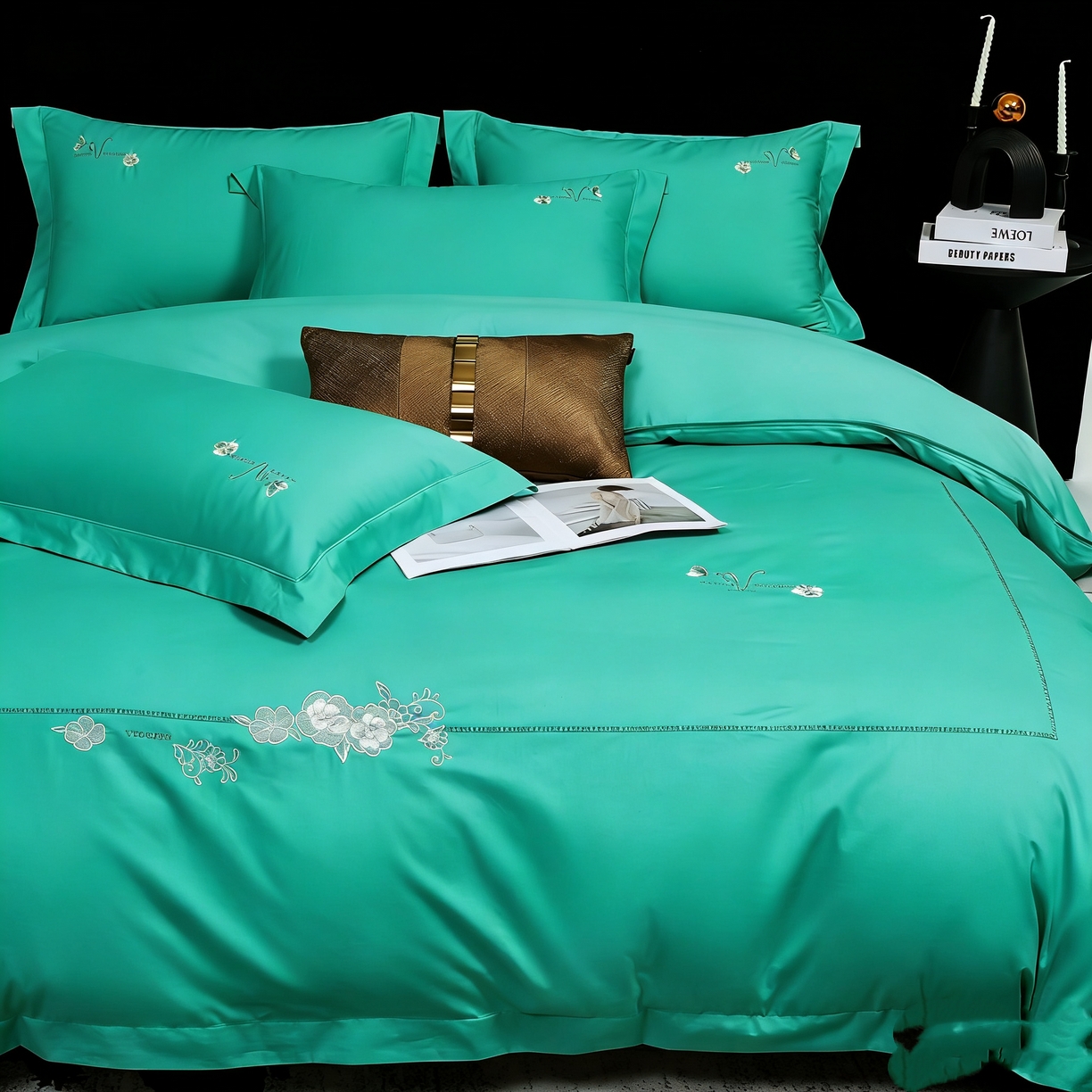 91家纺网 家纺一手货源 找家纺 U品汇 2026全棉纯棉刺绣花四件套40支长绒棉100%棉礼盒包装 华庭韵-松石绿