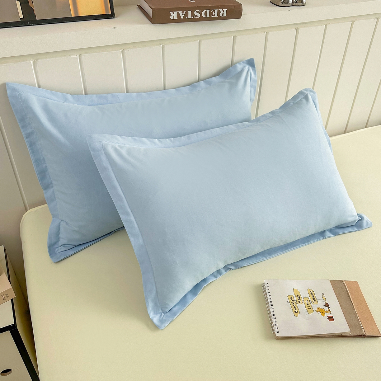 91家纺网 家纺一手货源 找家纺 佑泽家纺 2026新款亲肤水洗棉四件套 天空蓝+奶油黄