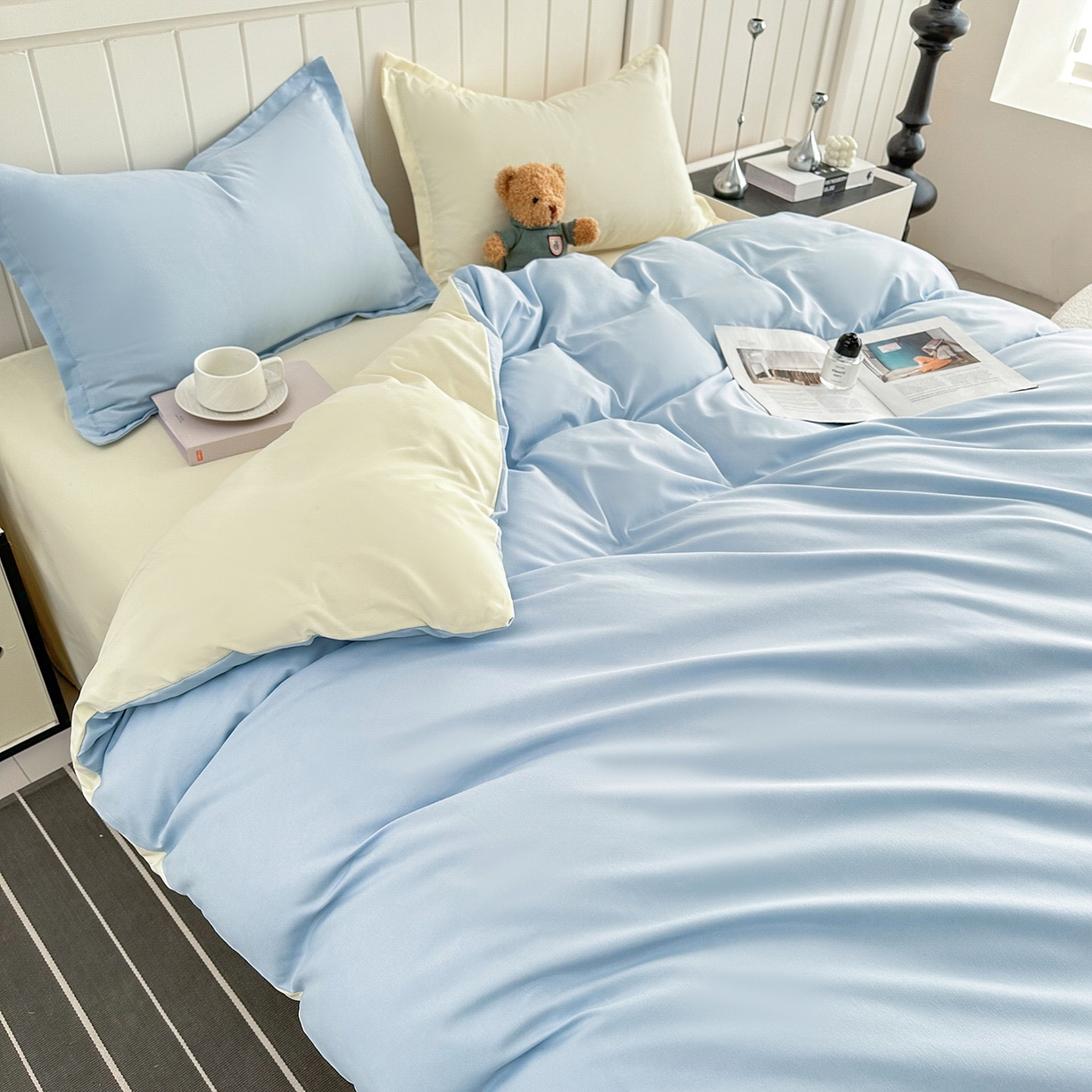 91家纺网 家纺一手货源 找家纺 佑泽家纺 2026新款亲肤水洗棉四件套 天空蓝+奶油黄