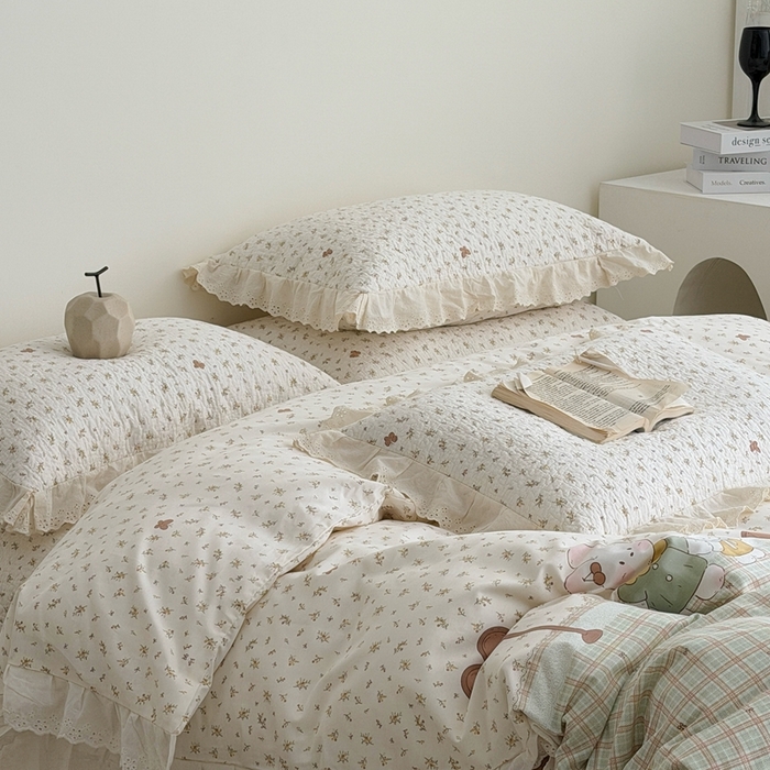 91家纺网 家纺一手货源 找家纺 佰织鑫家居 2026新款全棉法式砂洗棉花床盖款被套四件套 森系小兔