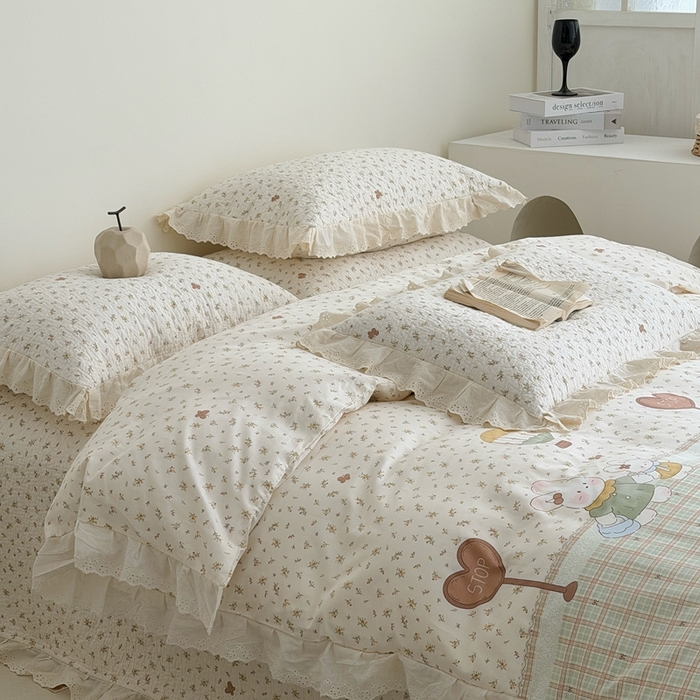 91家纺网 家纺一手货源 找家纺 佰织鑫家居 2026新款全棉法式砂洗棉花床盖款被套四件套 森系小兔