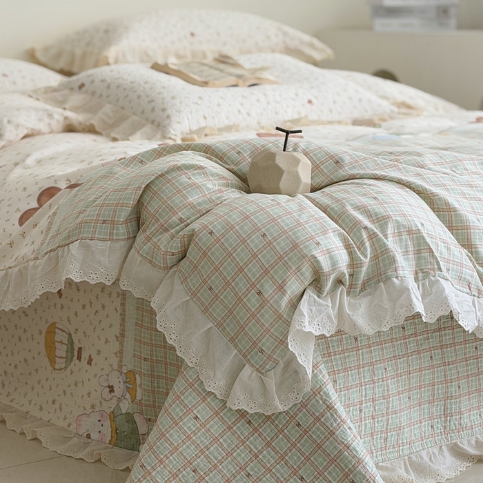 91家纺网 家纺一手货源 找家纺 佰织鑫家居 2026新款全棉法式砂洗棉花床盖款被套四件套 森系小兔