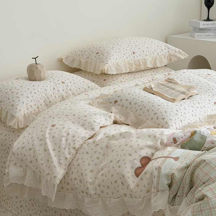 91家纺网 家纺一手货源 找家纺 佰织鑫家居 2026新款全棉法式砂洗棉花床盖款被套四件套 森系小兔