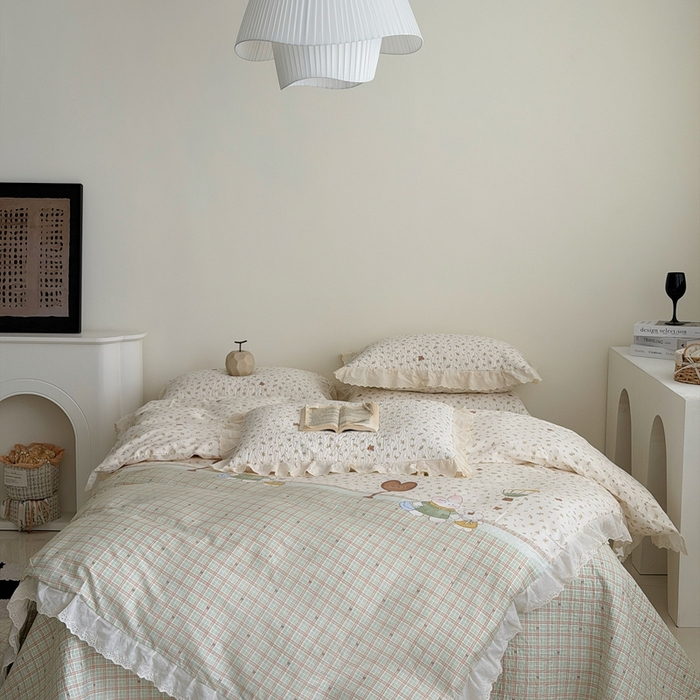 91家纺网 家纺一手货源 找家纺 佰织鑫家居 2026新款全棉法式砂洗棉花床盖款被套四件套 森系小兔