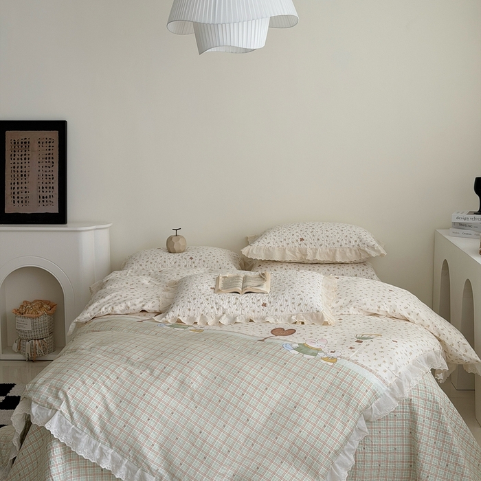 91家纺网 家纺一手货源 找家纺 佰织鑫家居 2026新款全棉法式砂洗棉花床盖款被套四件套 森系小兔