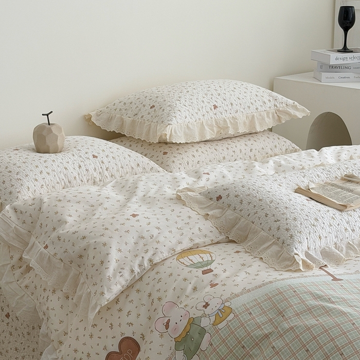 91家纺网 家纺一手货源 找家纺 佰织鑫家居 2026新款全棉法式砂洗棉花床盖款被套四件套 森系小兔