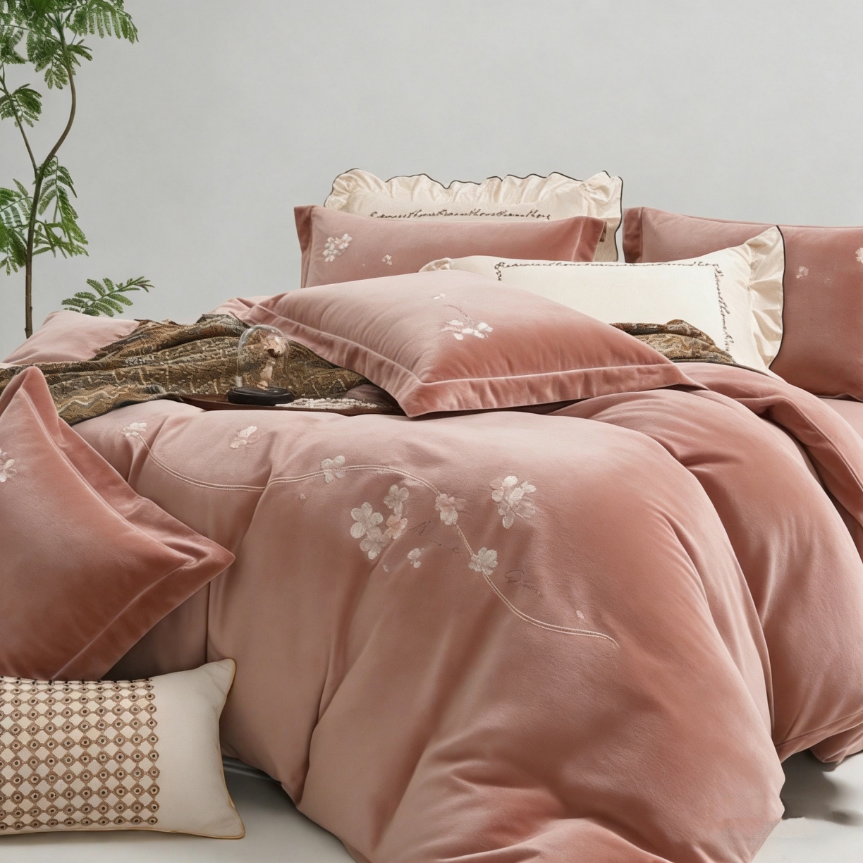 91家纺网 家纺一手货源 找家纺 U品汇 2026全棉纯棉刺绣花四件套40支长绒棉100%棉礼盒包装 梦娜-豆沙