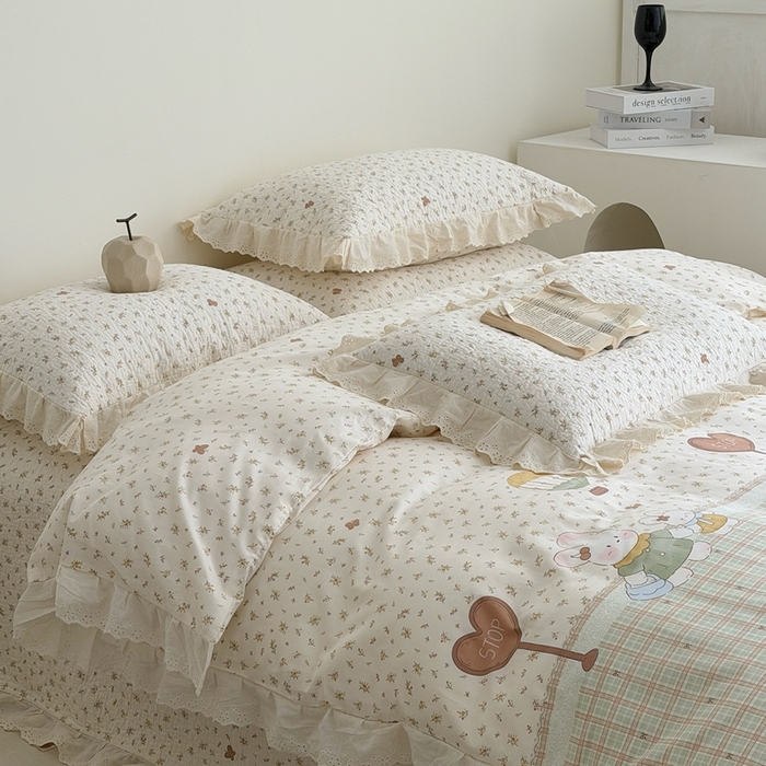 91家纺网 家纺一手货源 找家纺 佰织鑫家居 2026新款全棉法式砂洗棉花床盖款被套四件套 森系小兔